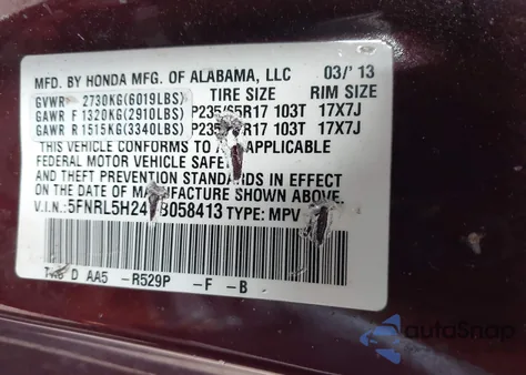 2013 Honda Odyssey Lx z USA, uszkodzony, nr VIN 5FNRL5H24DB058413
